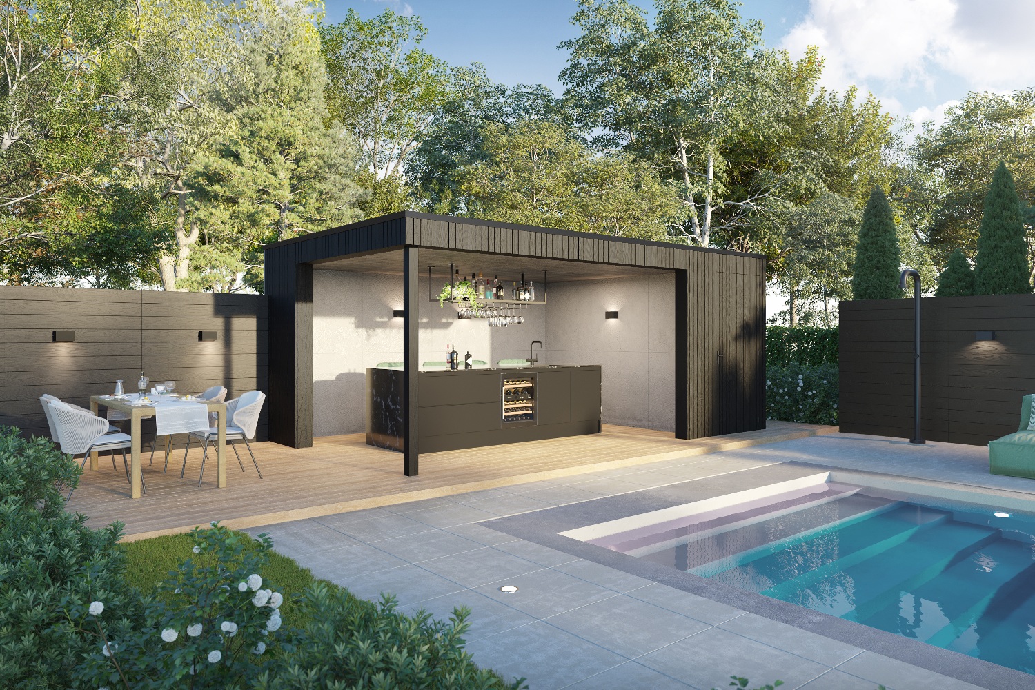 Poolhouse met buitenkeuken en berging van hout met beton stuc en een vlonder