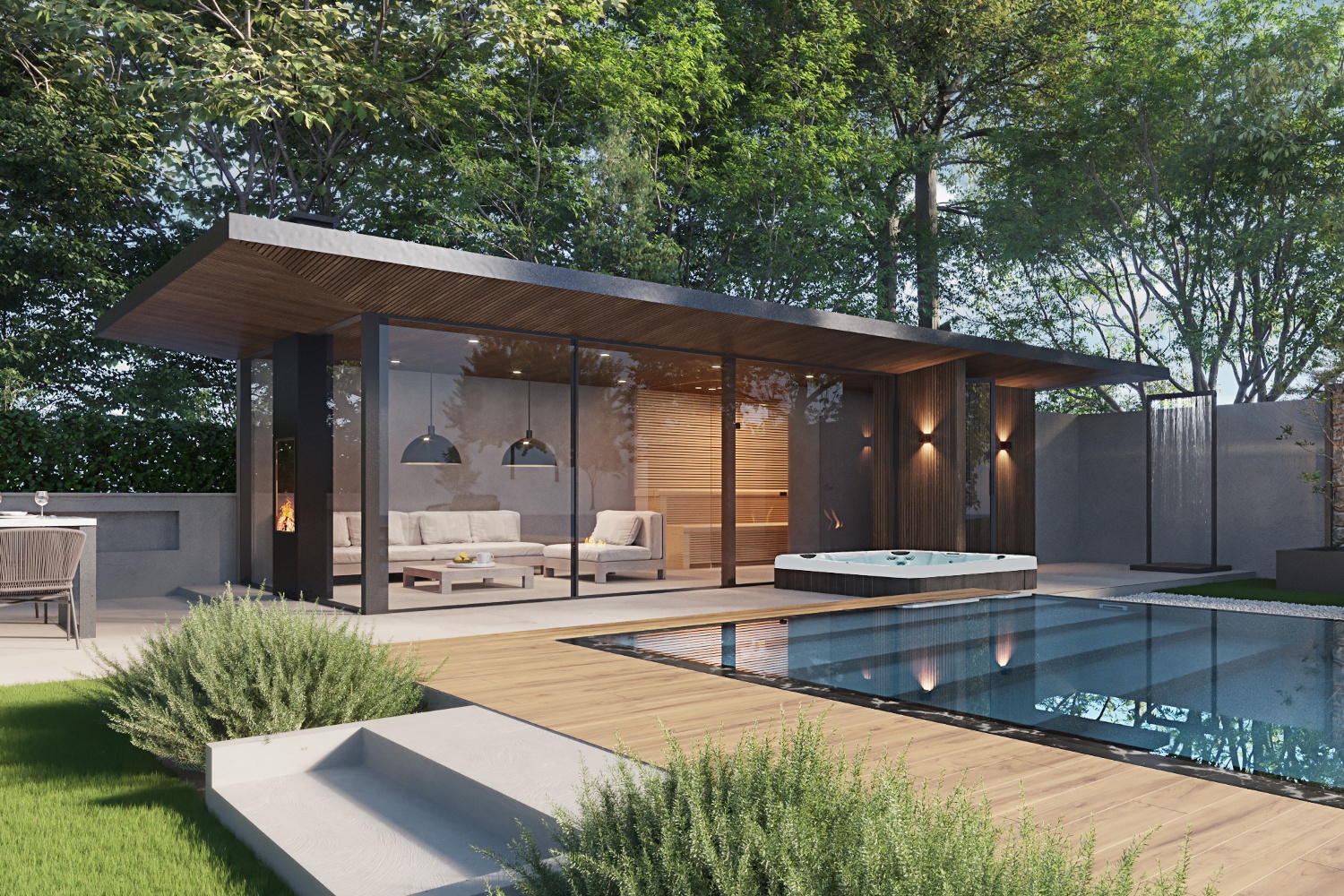 Luxe moderne wellnesstuin met zwembad en overkapping met sauna